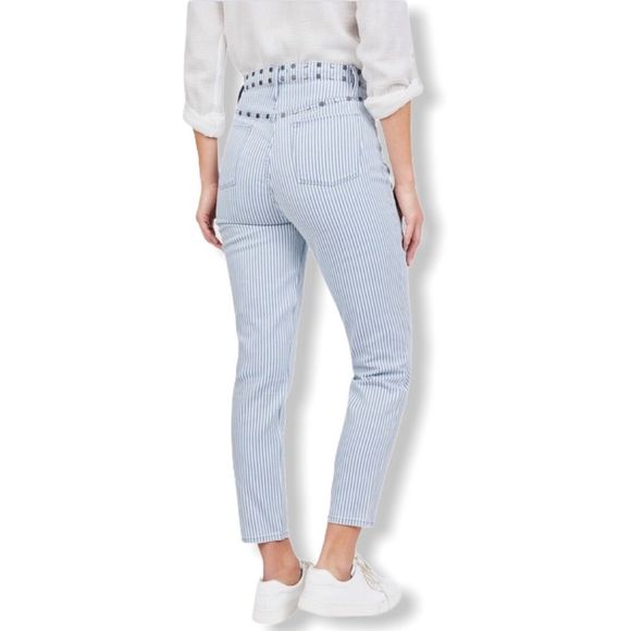 Juicy Couture High Rise White Blue Stripe Girlfriend Jeans with Studded Detail - Picture 2 of 14